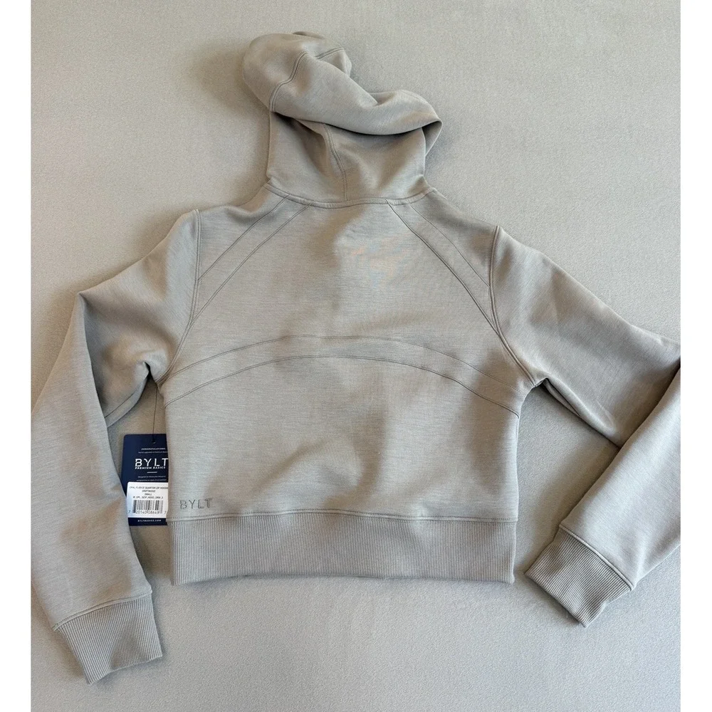 BYLT Opal Fleece Quarter-Zip Hoodie Womens S Driftwood Cropped Athleisure New